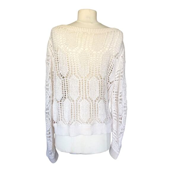 Women's Boho White Crochet Knit Lace Sweater Pullover Eyelet Long Sleeve Top - Picture 4 of 6